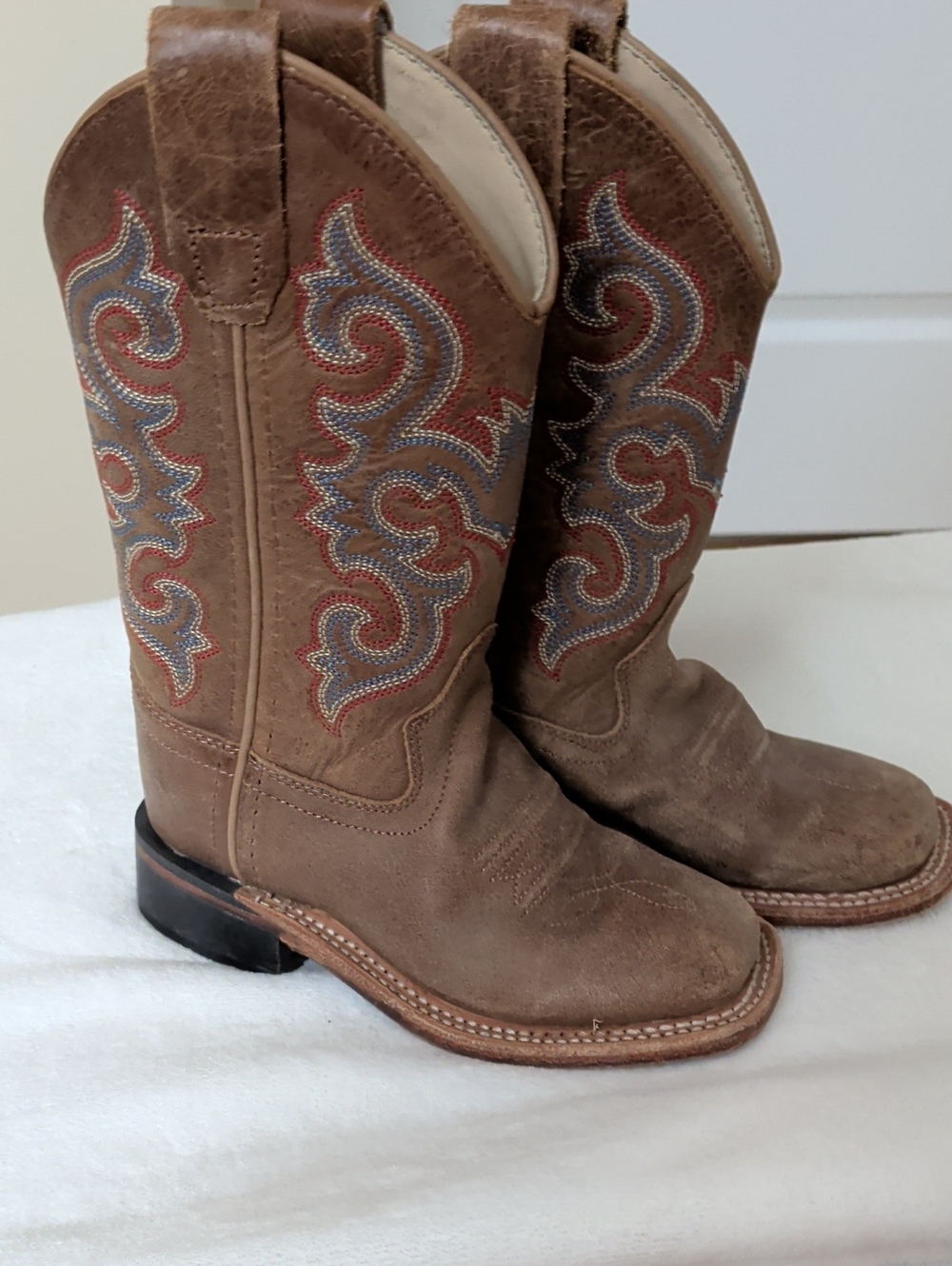 Brown Western Cowboy Boots with Red & Blue Stitching